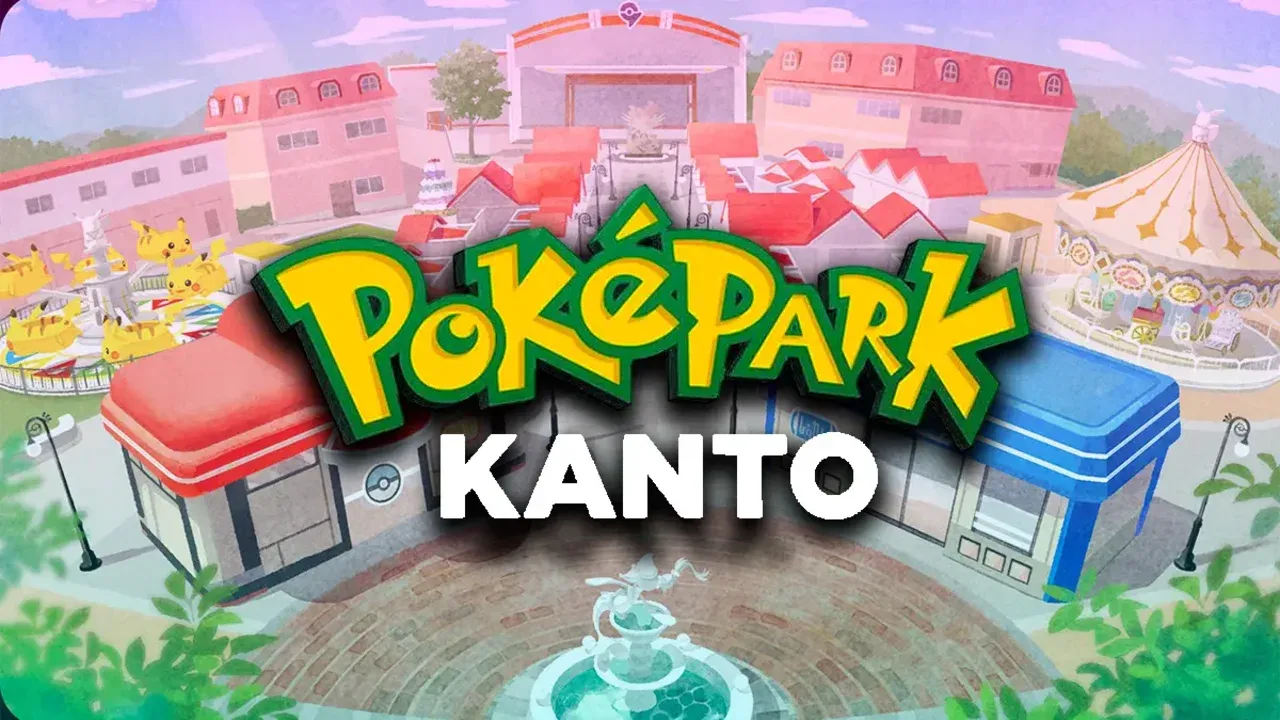 Ilustración oficial de PokéPark Kanto con Sedge Town y tipos de entrada disponibles