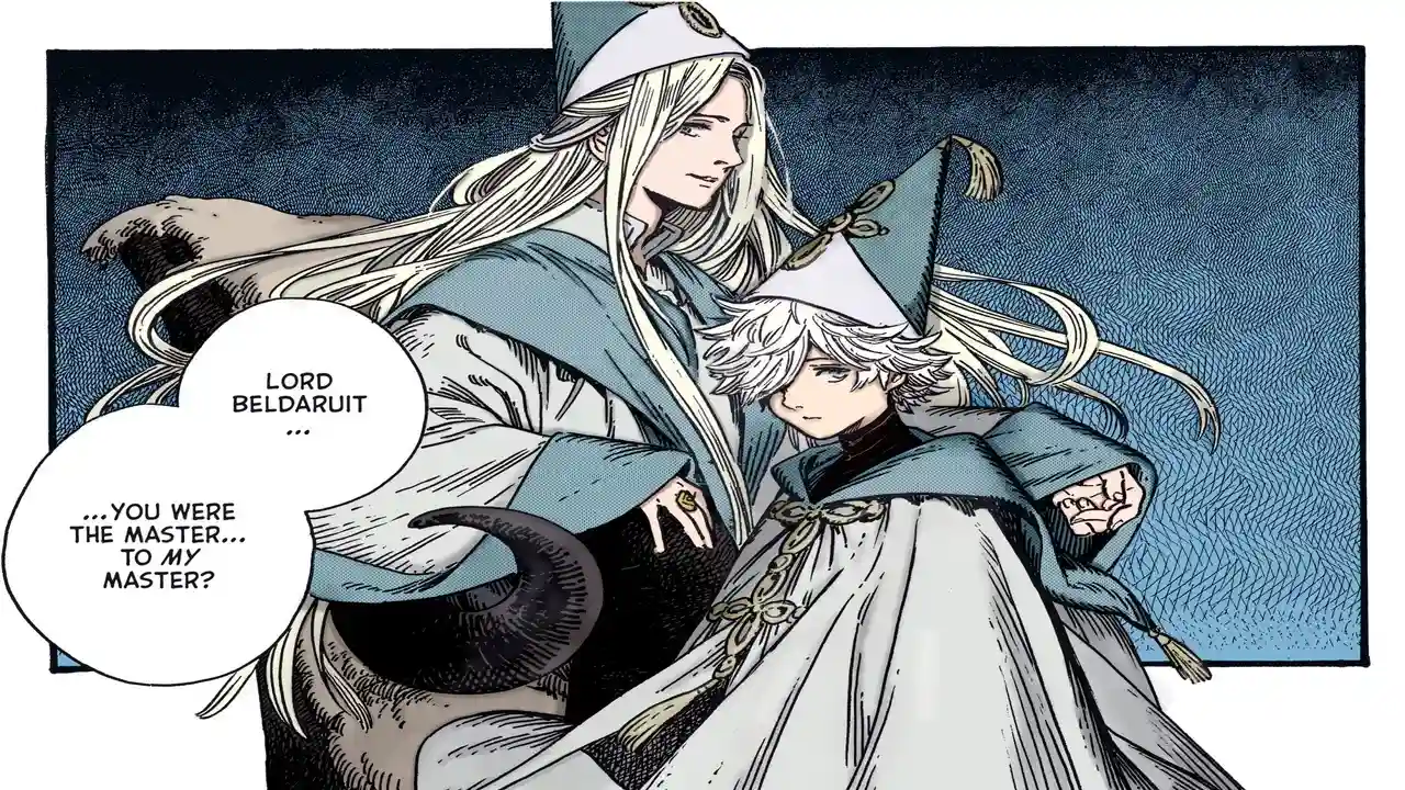 Lord Beldaruit junto a Qifrey joven en el manga de Witch Hat Atelier