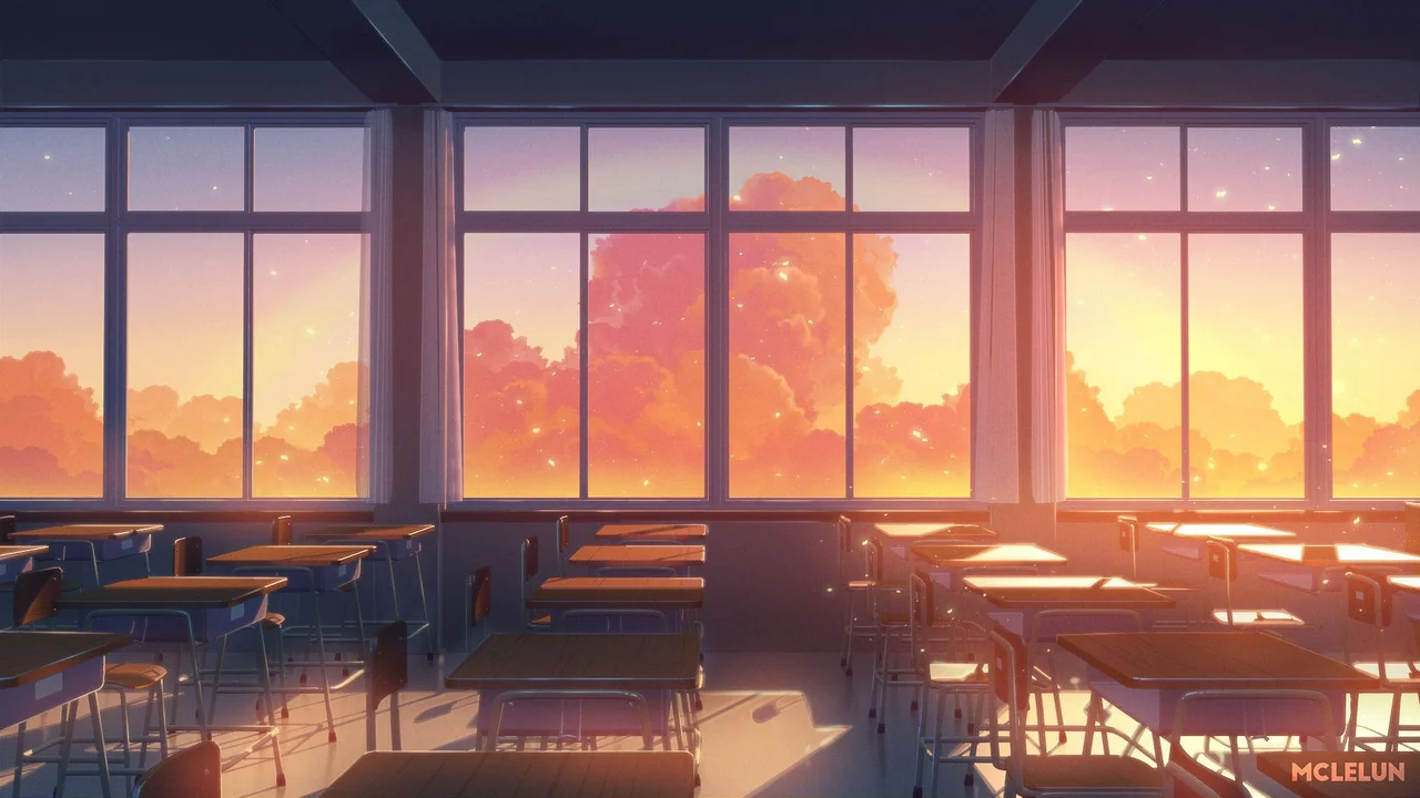 Aula de anime vacía con ventanas a la izquierda al atardecer, diseño heredado de las directrices Meiji