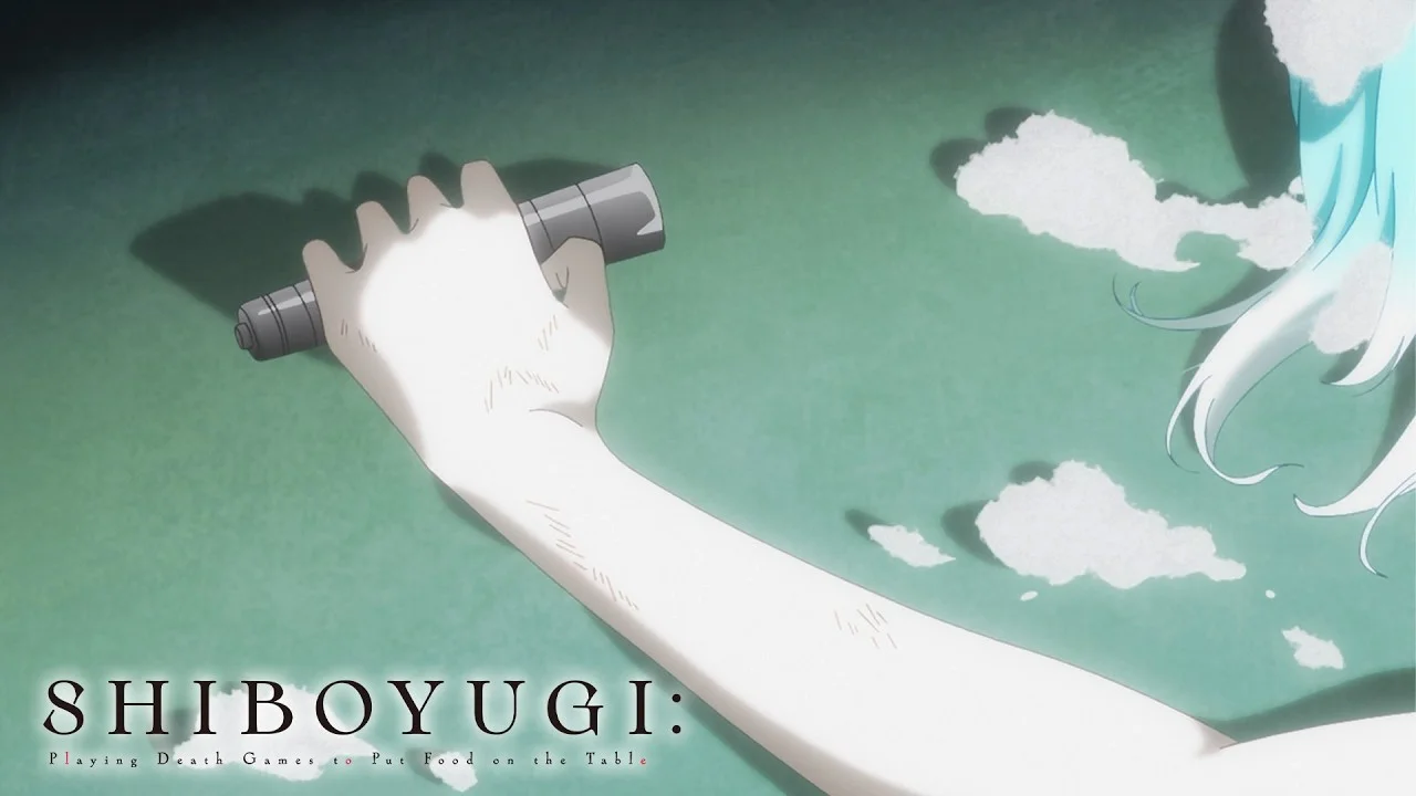 Mano extendida con algodón blanco en el suelo en Shiboyugi, explicando por qué no hay sangre en el anime