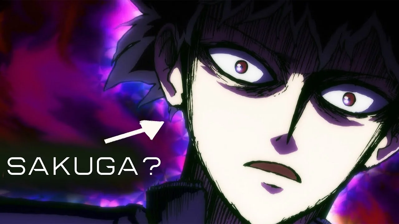 Primer plano del rostro de Mob en Mob Psycho 100 con energía psíquica púrpura, ejemplo visual de sakuga en el anime