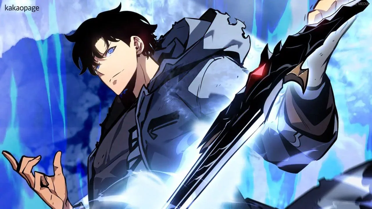 Sung Suho con su espada y aura azul de maná en Solo Leveling Ragnarok