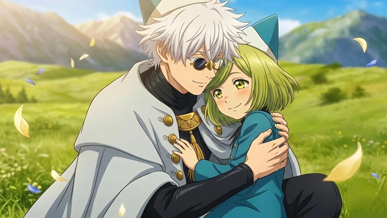 Qifrey abraza a Coco en un prado en Witch Hat Atelier