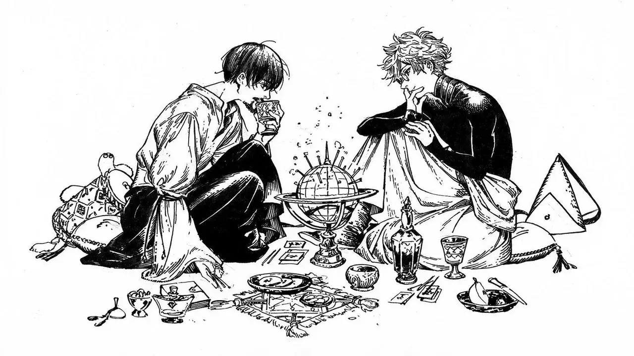 Qifrey y Olruggio sentados estudiando magia juntos en el manga de Witch Hat Atelier