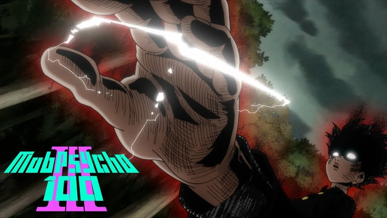 Escena de sakuga en Mob Psycho 100 III: mano gigante con trazos de lápiz crudos y descarga eléctrica