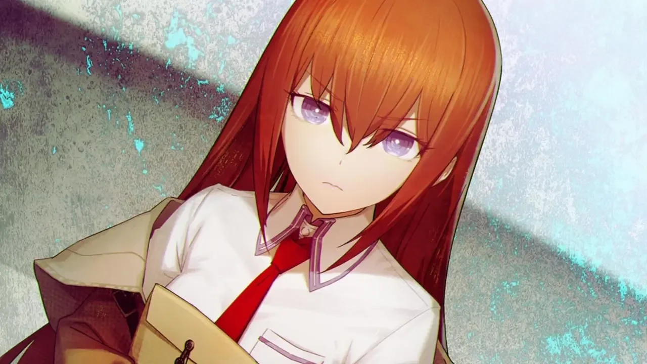 Makise Kurisu con expresión seria sosteniendo un cuaderno en Steins;Gate
