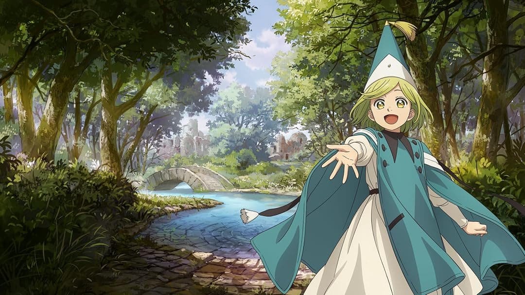 Coco sonriendo en el bosque con su sombrero de bruja en Witch Hat Atelier