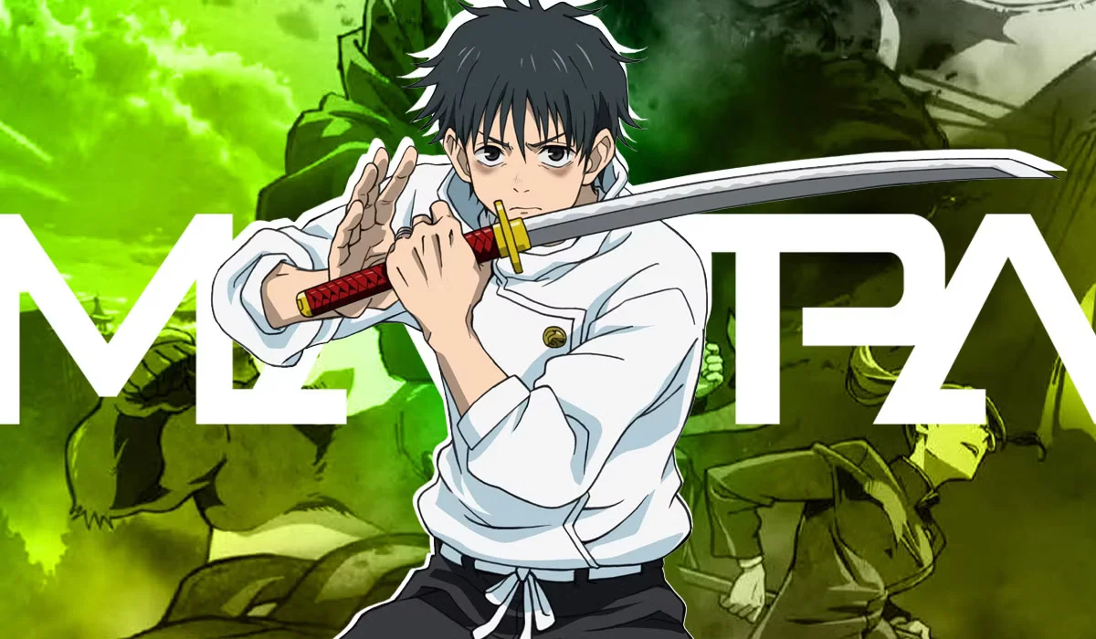 Yuta Okkotsu empuñando su katana frente al logo de Studio MAPPA, estudio animador de Jujutsu Kaisen