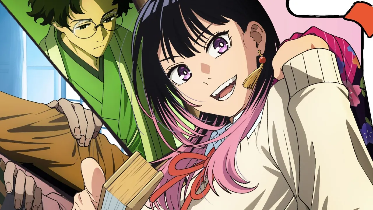 Akane sosteniendo un abanico de rakugo con una sonrisa en el anime Akane-banashi