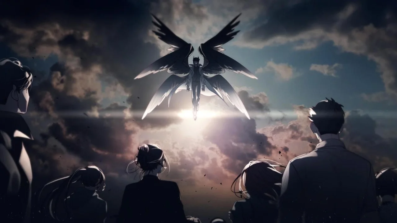 Ser alado oscuro sobrevolando a un grupo de personajes en Omniscient Reader's Viewpoint, escena del Deus Ex Machina del Star Stream