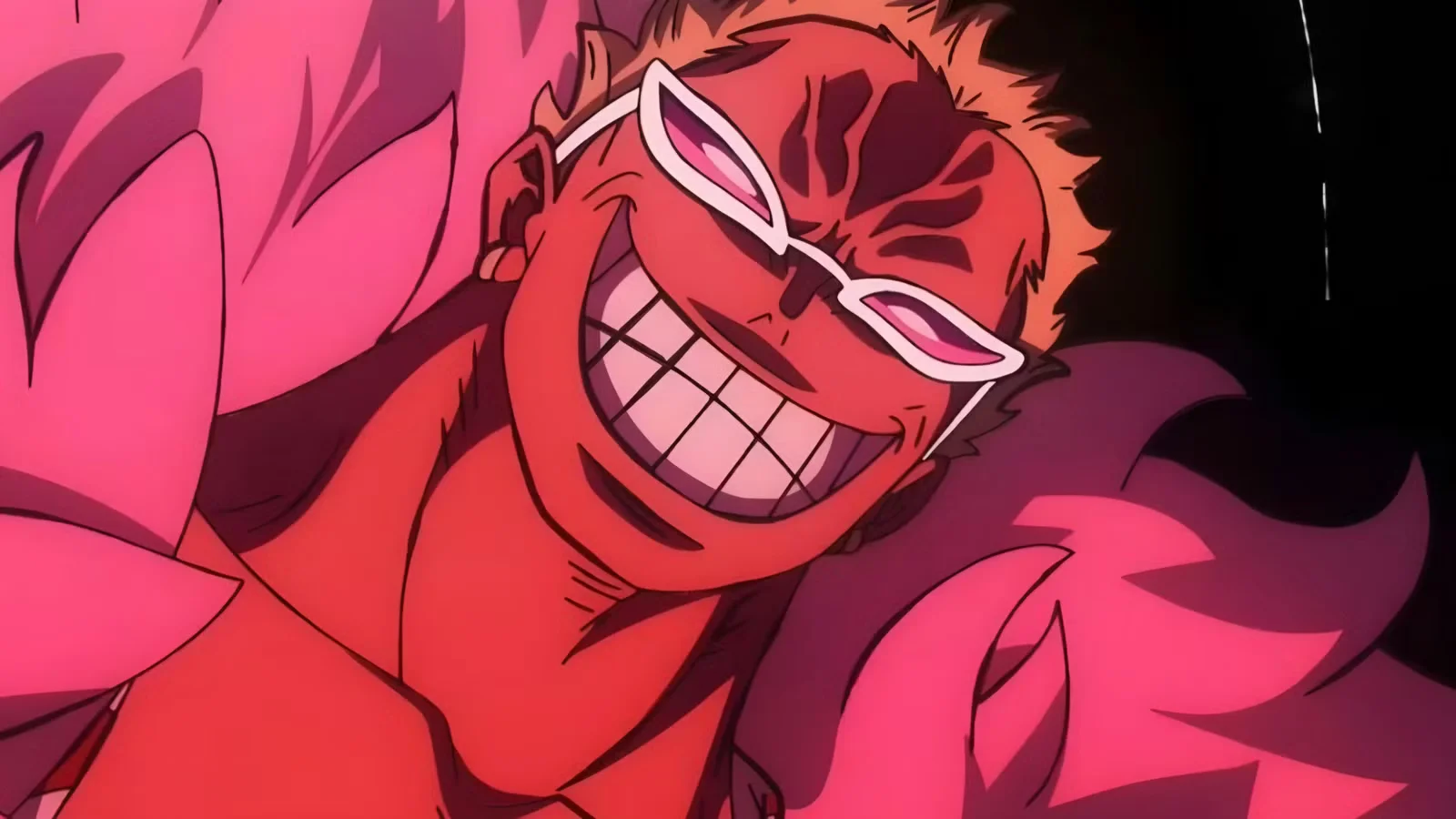 Doflamingo riendo con su abrigo de plumas rosas en One Piece