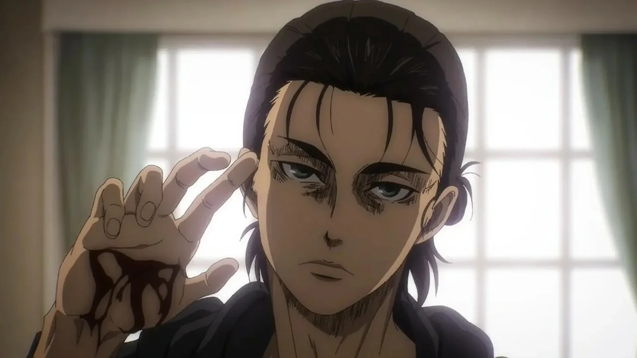 Eren Jaeger adulto con expresión fría mirando a cámara en Attack on Titan