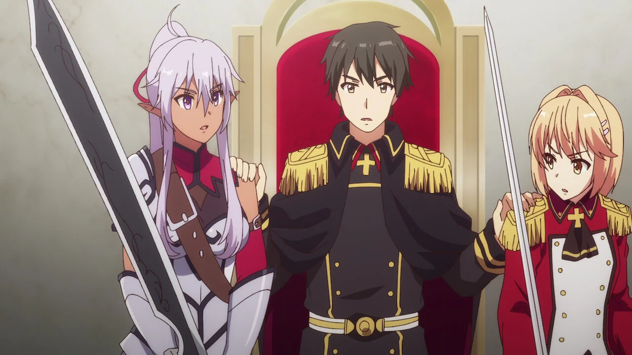 Kazuya Souma con sus esposas en su trono en How a Realist Hero Rebuilt the Kingdom