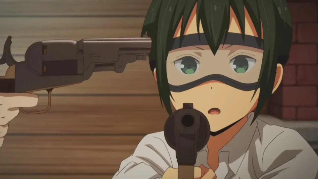 Kino apuntando con su pistola en una escena de Kino no Tabi