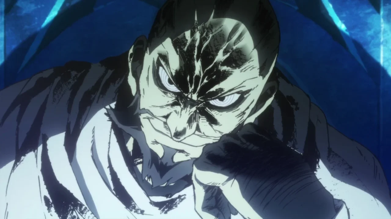 Lordgenome en su forma bestial con marcas oscuras en el rostro en Gurren Lagann