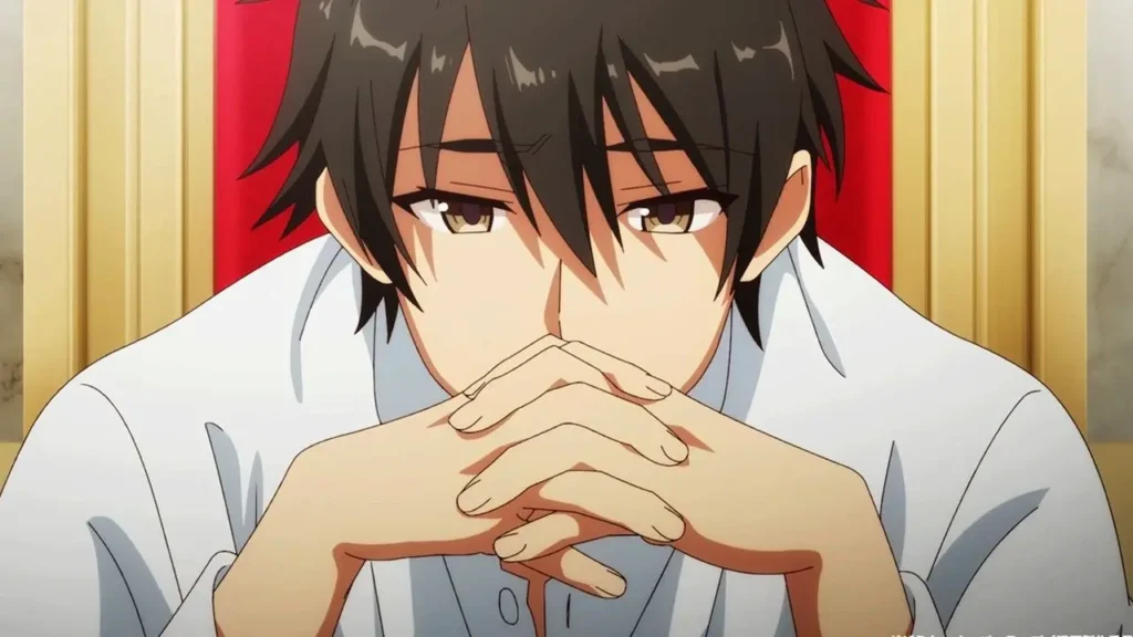 Kazuya Souma pensando en su trono en How a Realist Hero Rebuilt the Kingdom