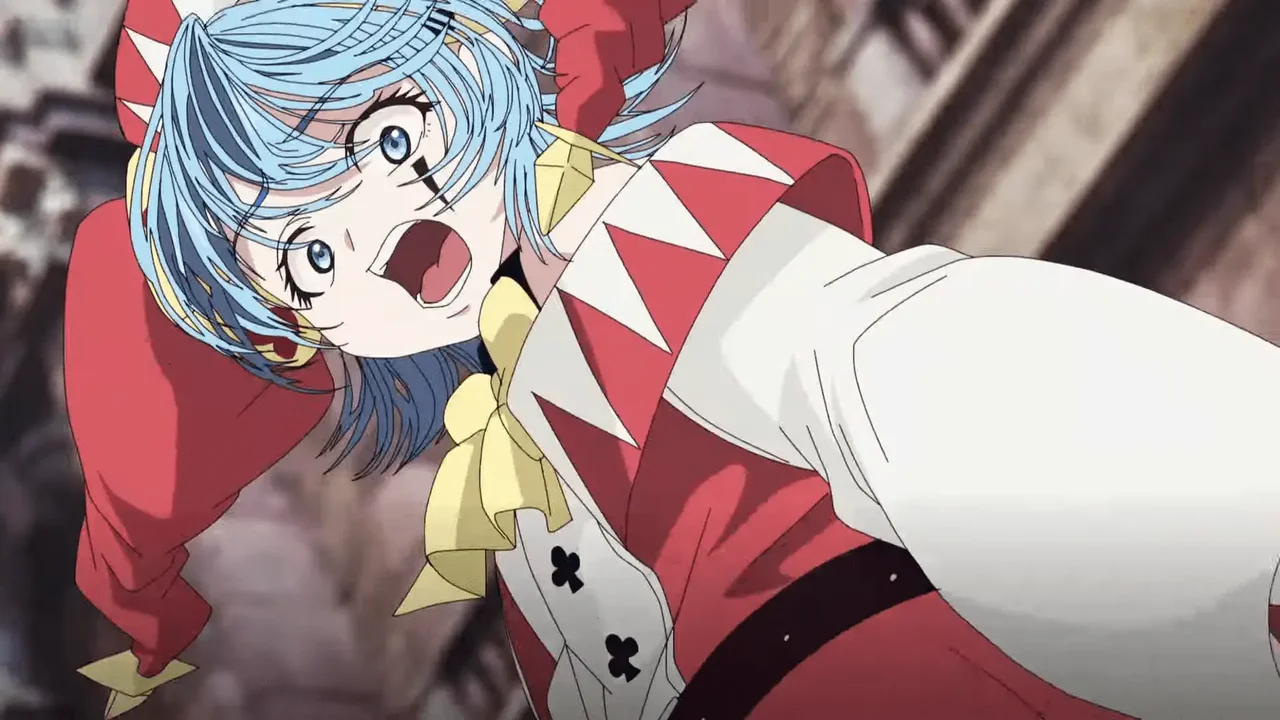 Luce, la clase Payaso de The Exiled Heavy Knight, en posición de ataque con su traje rojo y blanco