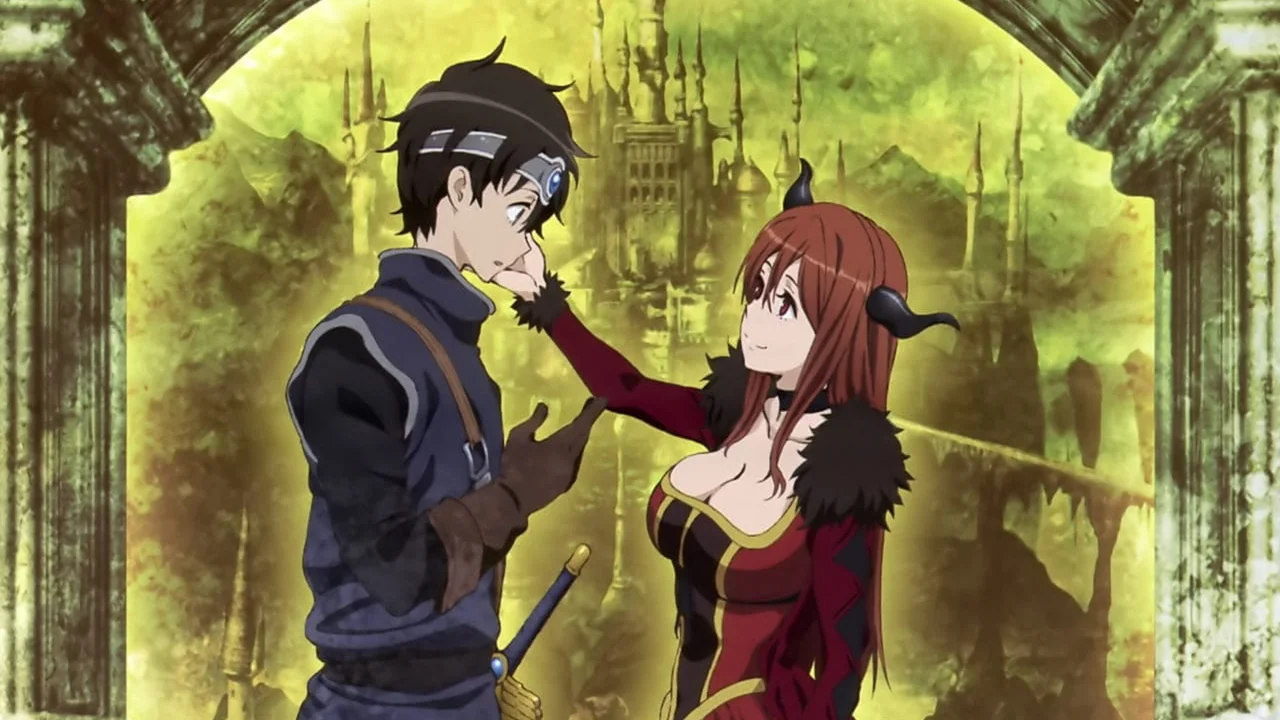 El Héroe y la Rey Demonio frente al castillo en Maoyuu Maou Yuusha