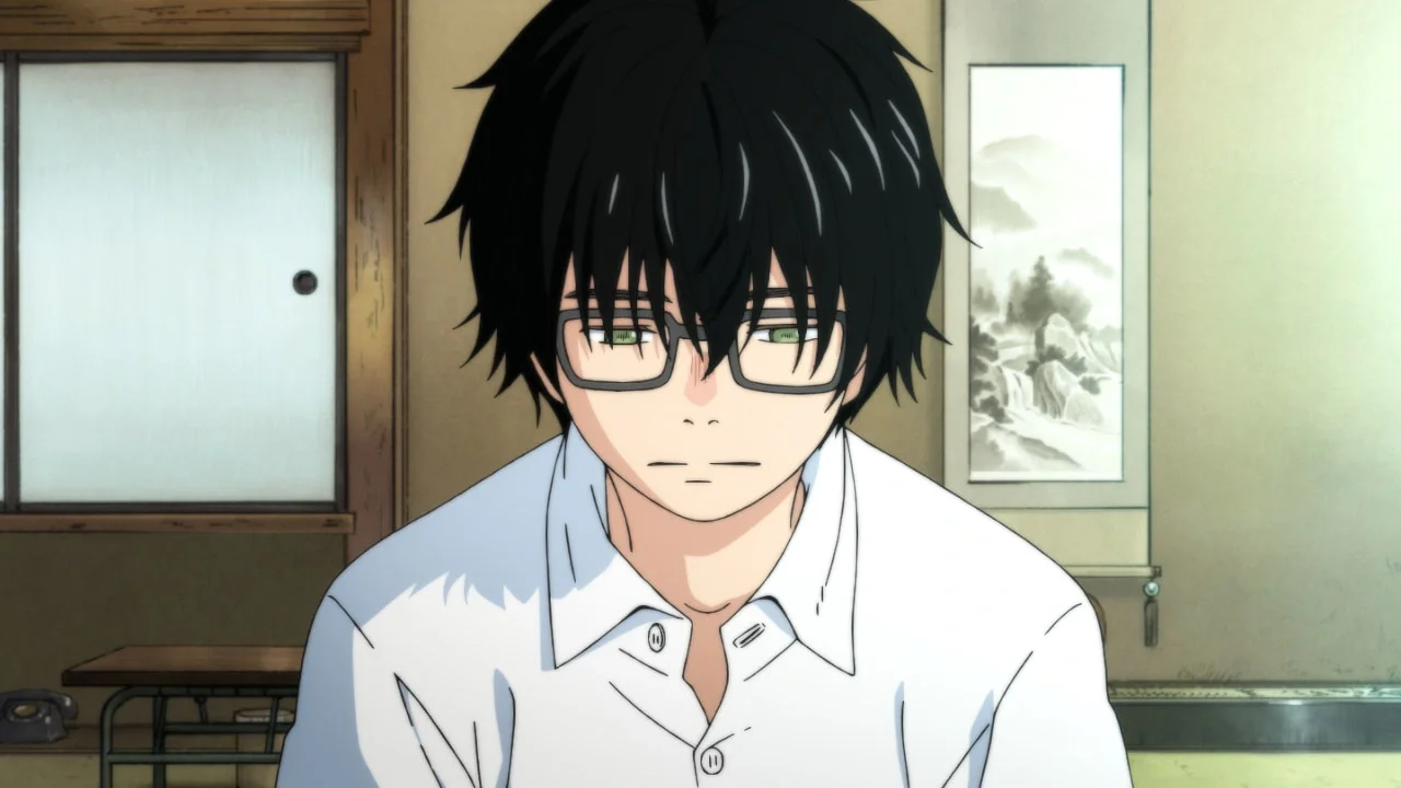 Rei Kiriyama con gafas mirando al frente en el anime March Comes in Like a Lion