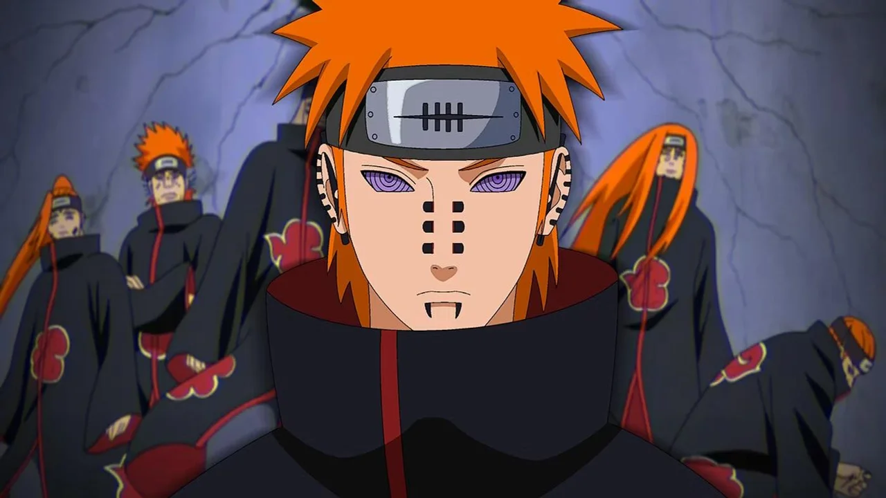 Pain, líder de Akatsuki en Naruto Shippuden, con sus ojos Rinnegan y piercings