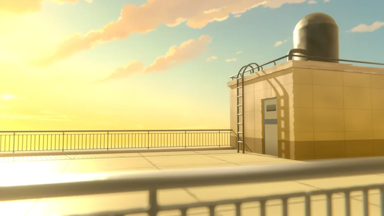 Azotea vacía de instituto en anime con suelo de cemento y cielo al atardecer