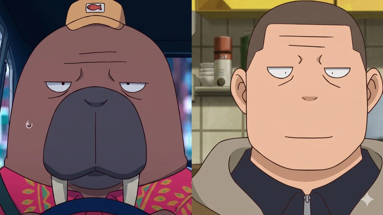 Comparación entre Odokawa como morsa con gorra y su forma humana en Odd Taxi