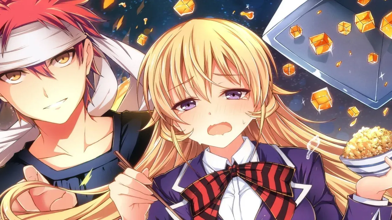 Personajes de Food Wars reaccionando con expresión exagerada a la comida, ejemplo del humor ecchi en el anime