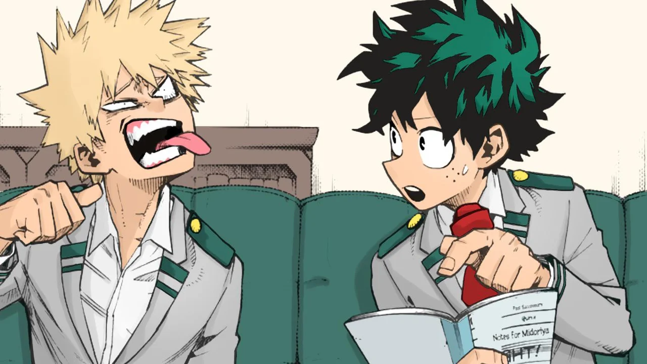 Bakugo y Deku de My Hero Academia sentados juntos, uno de los ships más populares del fandom