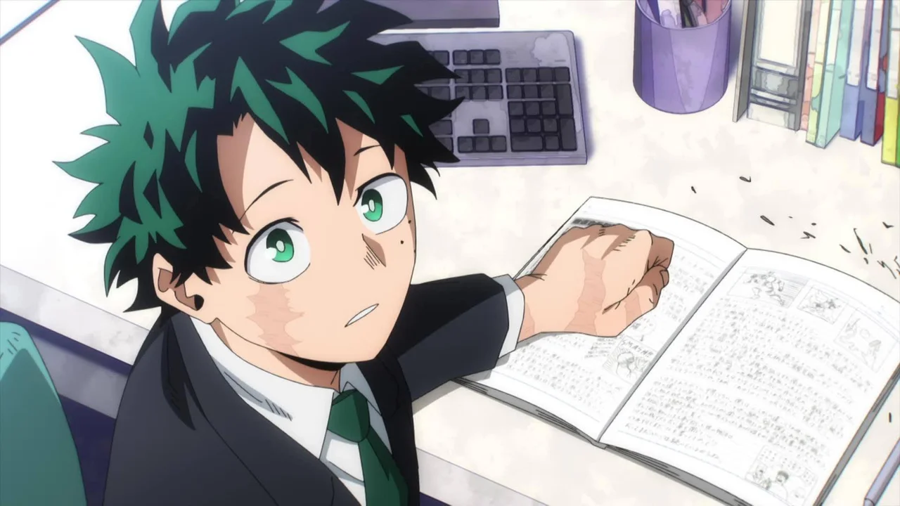 Deku de My Hero Academia leyendo un libro en su escritorio, escena representativa del mundo del anime y su vocabulario