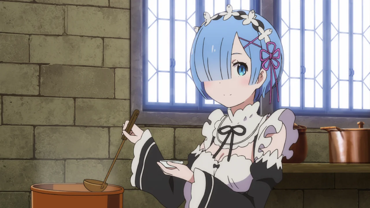 Rem de Re:Zero con uniforme de doncella en la cocina, uno de los personajes más queridos como waifu en el anime
