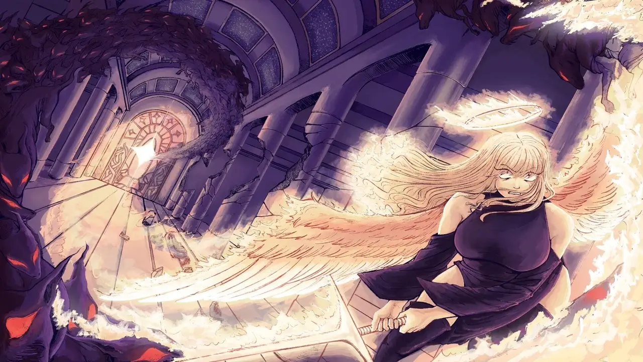 Uriel, arcángel de ORV, luchando con alas doradas en medio de una Tormenta de Probabilidad en Omniscient Reader's Viewpoint