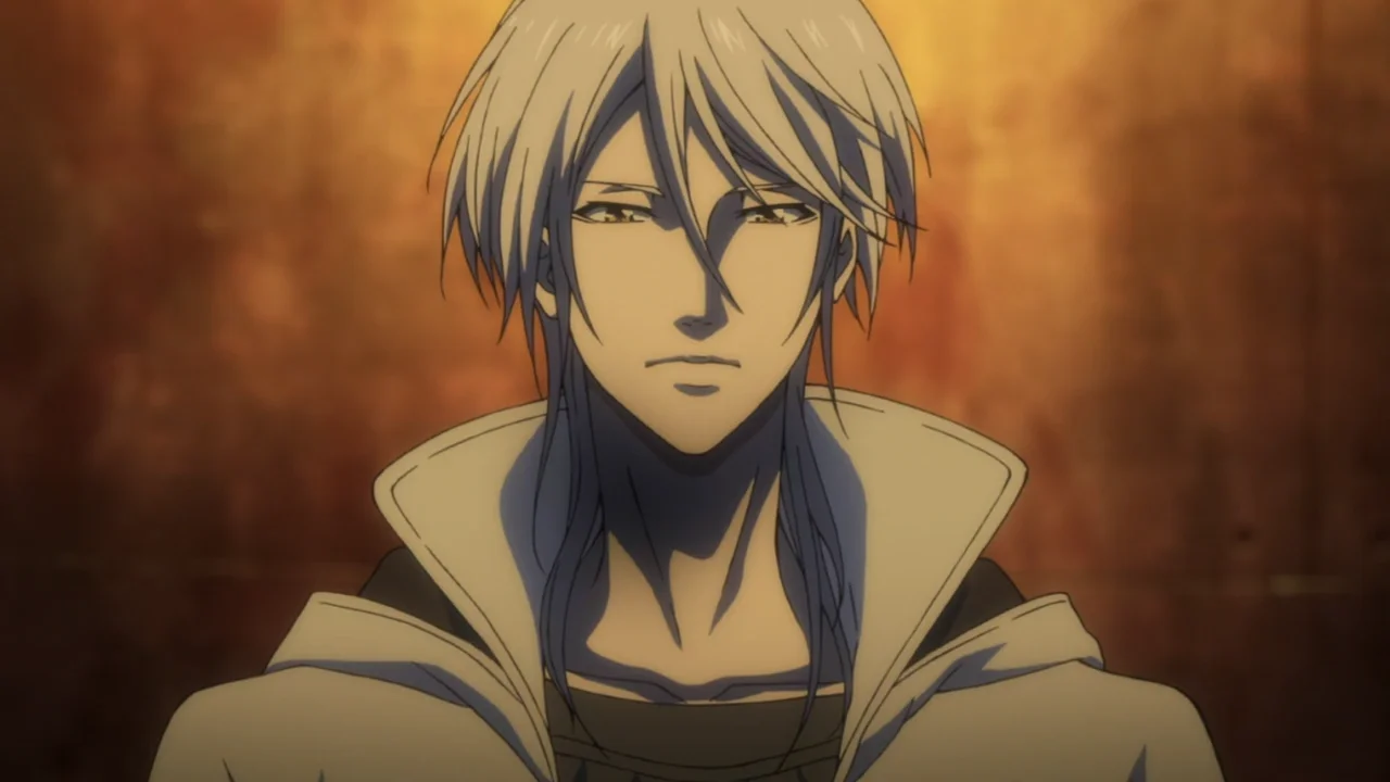 Shogo Makishima de Psycho-Pass con expresión serena y cabello blanco platino