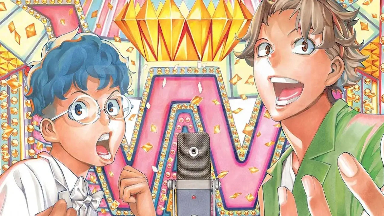 Los dos protagonistas de Show-ha Shoten frente a un micrófono en el escenario del manzai