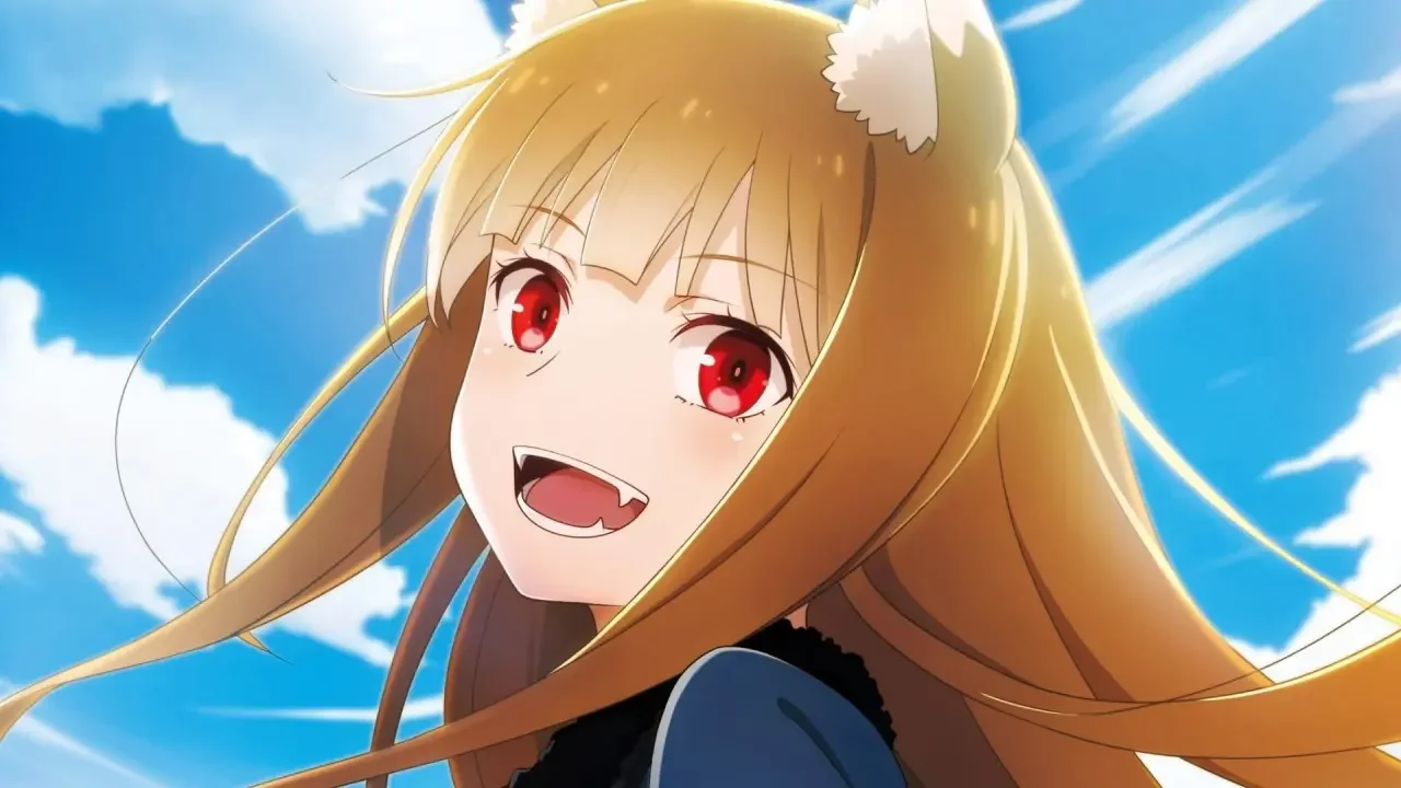Holo, la diosa loba de Spice and Wolf, con orejas de lobo bajo un cielo azul