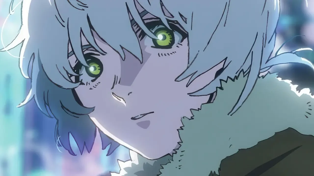 Personaje de To Your Eternity con ojos verdes brillantes bajo la lluvia