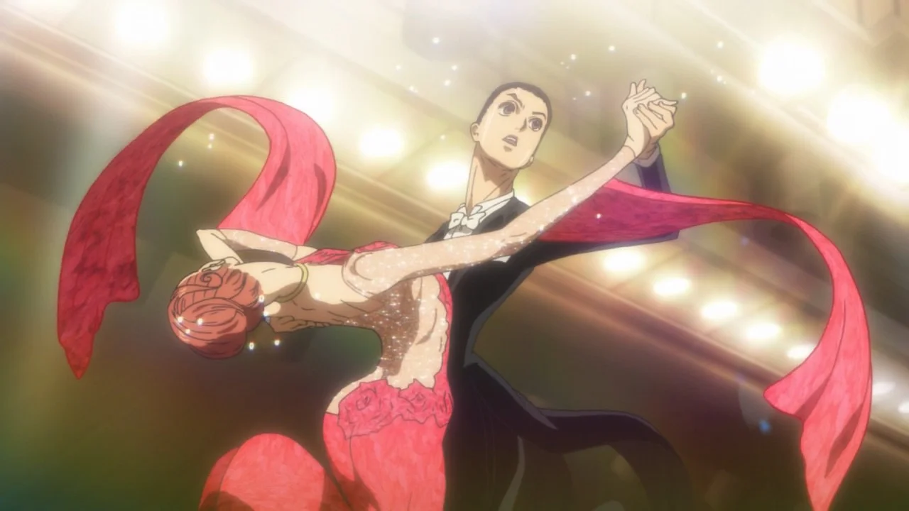 Pareja de bailarines compitiendo en la pista en el anime Welcome to the Ballroom