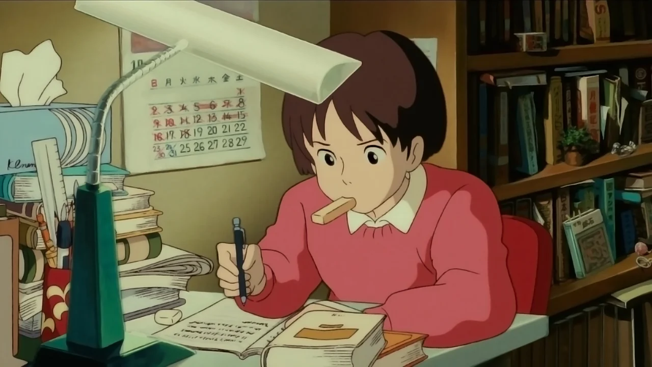 Chica de anime estudiando en su escritorio rodeada de libros, representando el aprendizaje de términos del anime