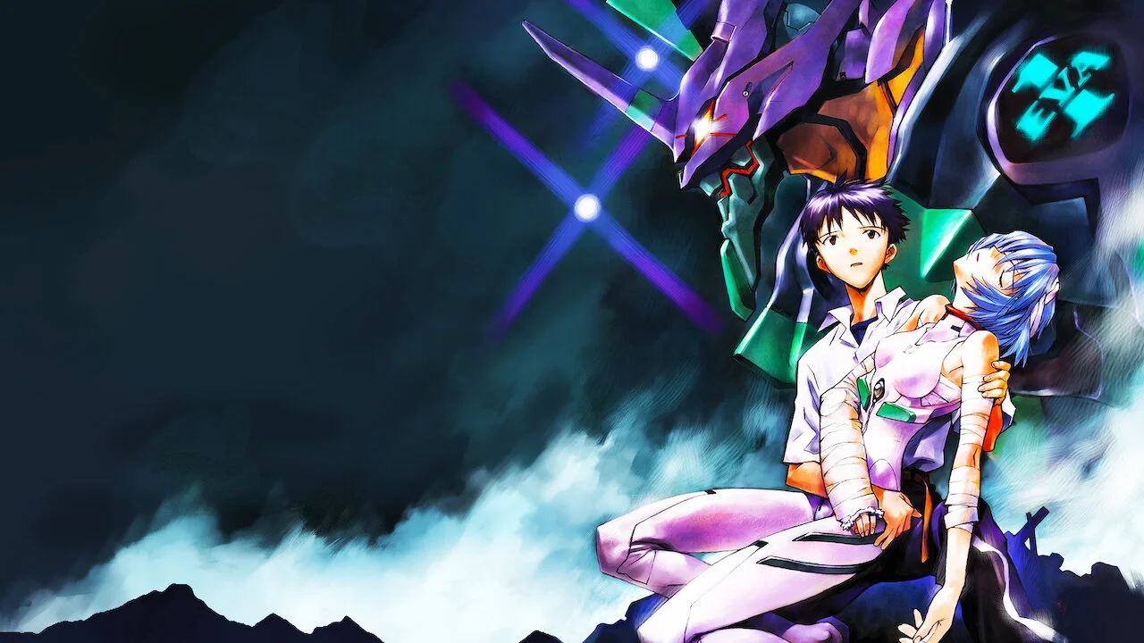 Shinji sosteniendo a Rei Ayanami inconsciente frente al Eva Unidad 01 en Neon Genesis Evangelion
