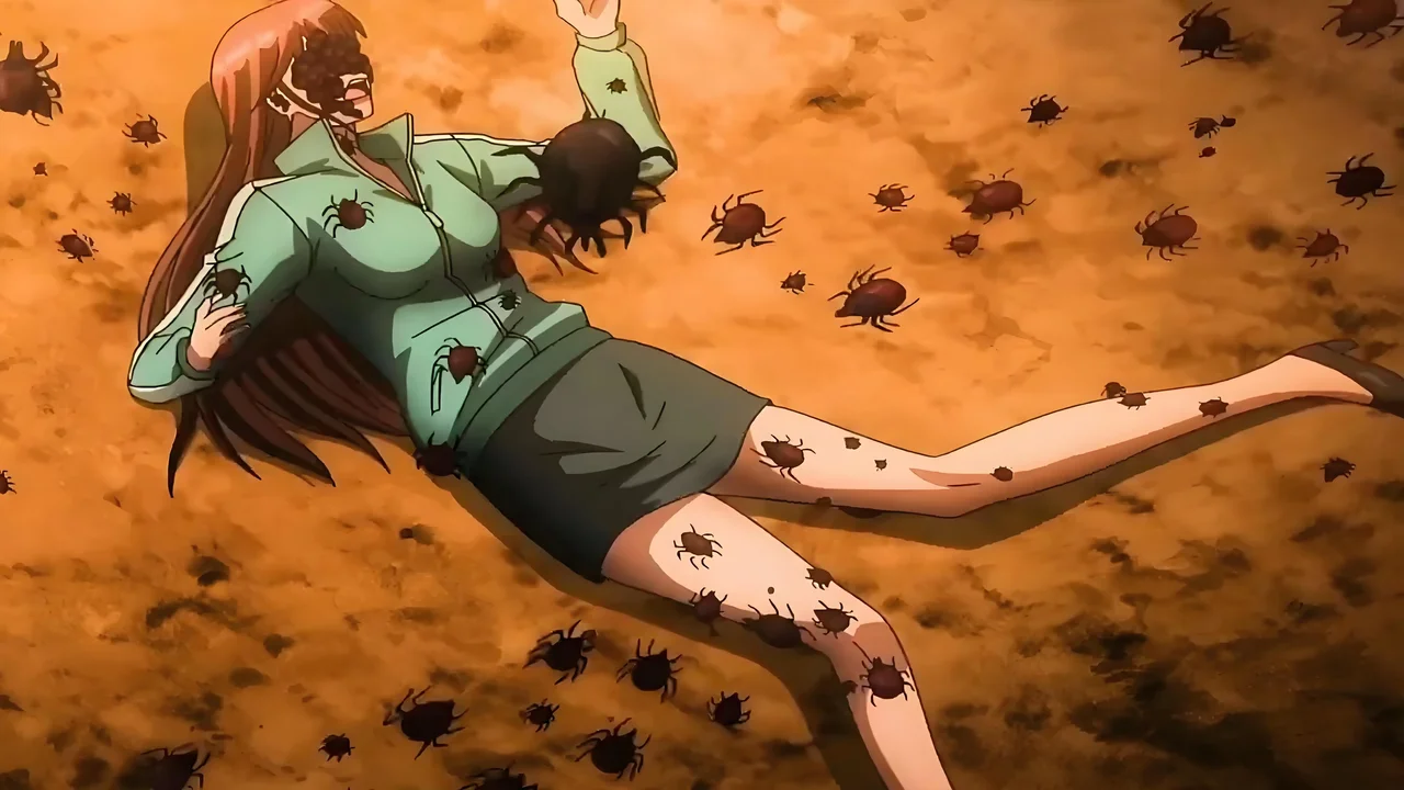 Personaje femenino rodeado de insectos en una escena de acción intensa de anime shonen