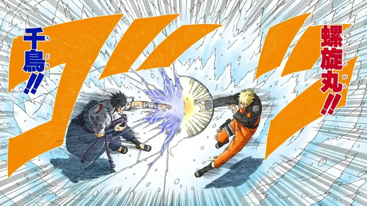 Página del manga de Naruto con el Chidori y el Rasengan escritos en kanji, ejemplo del origen visual de los nombres de ataques