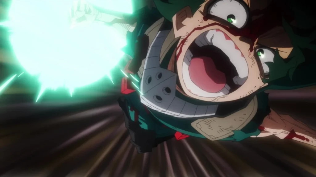 Midoriya gritando el nombre de su ataque en My Hero Academia