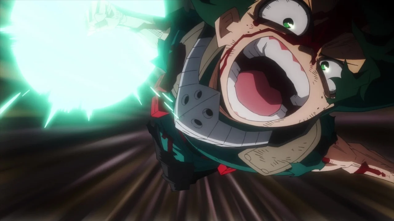 Midoriya gritando el nombre de su ataque en My Hero Academia