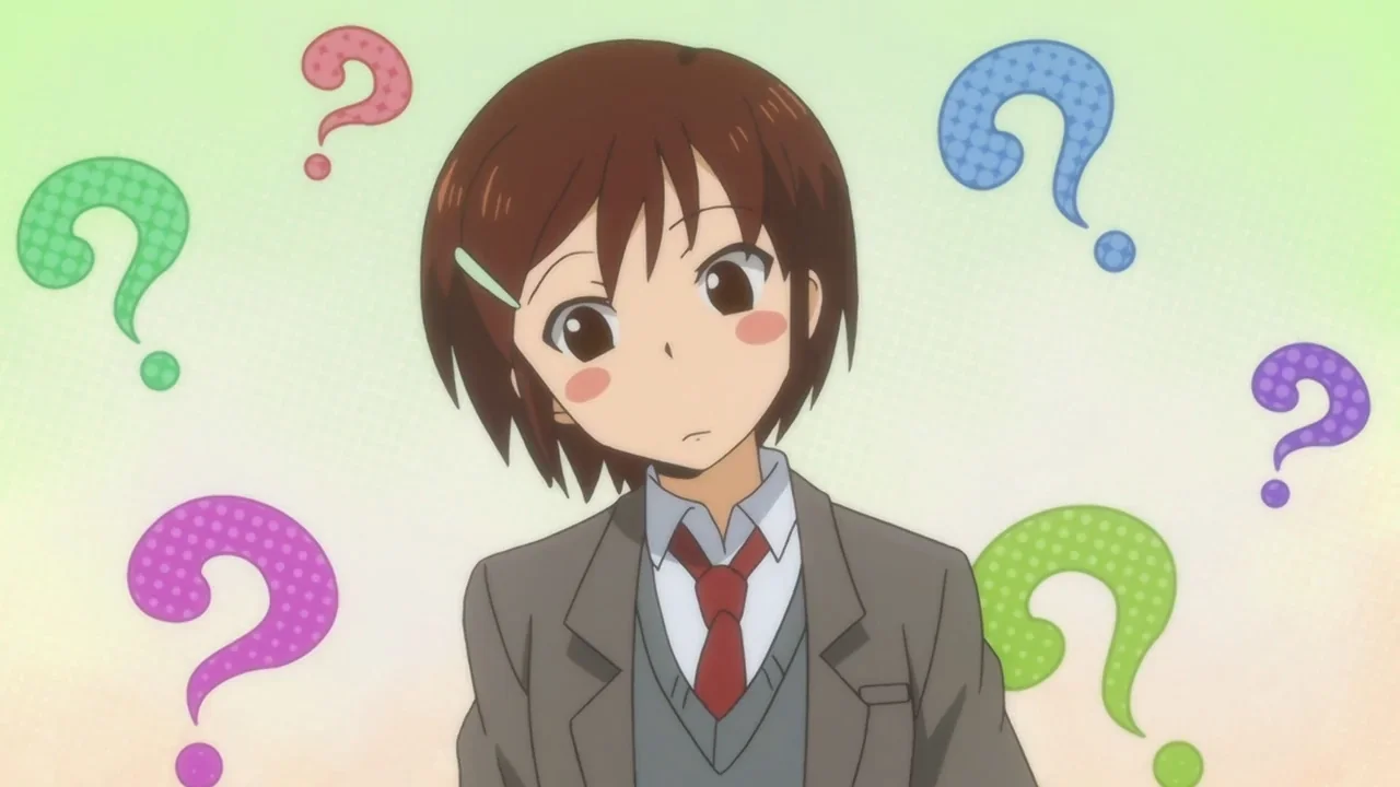 Personaje de anime con cara de confusión rodeado de signos de interrogación, representando la pregunta de por qué los personajes se cambian los zapatos al entrar al instituto