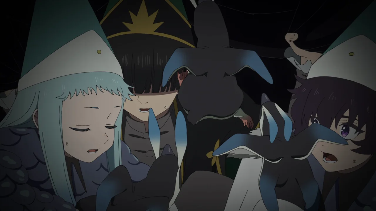 Richeh, Euini y Agott atrapados en la cueva en el final de Witch Hat Atelier temporada 1