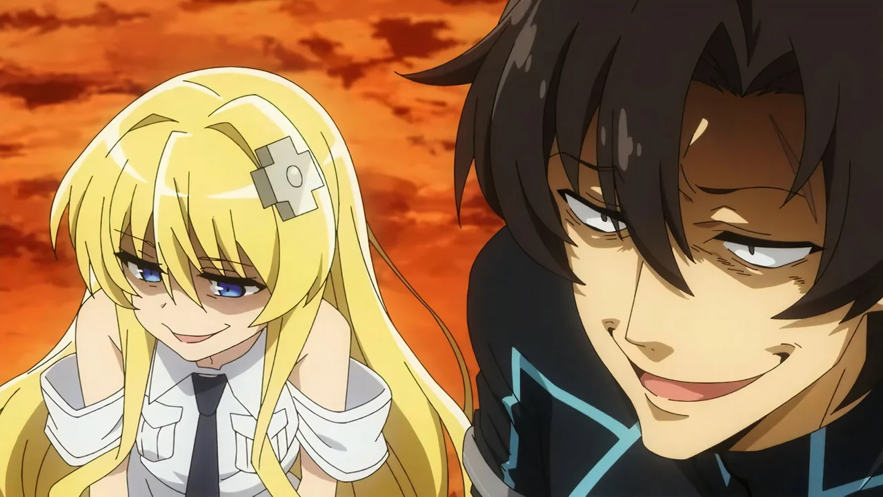 Alice y el Agente Seis sonriendo con cara de malvados en Sentouin Hakenshimasu, un anime parecido a KonoSuba