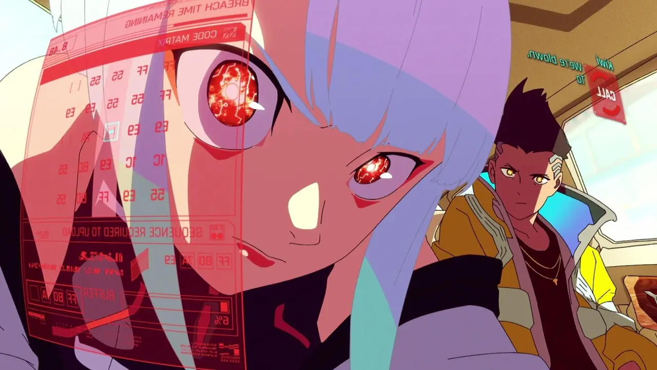 Lucy y David en una escena de acción de Cyberpunk Edgerunners, anime corto de Studio Trigger disponible en Netflix