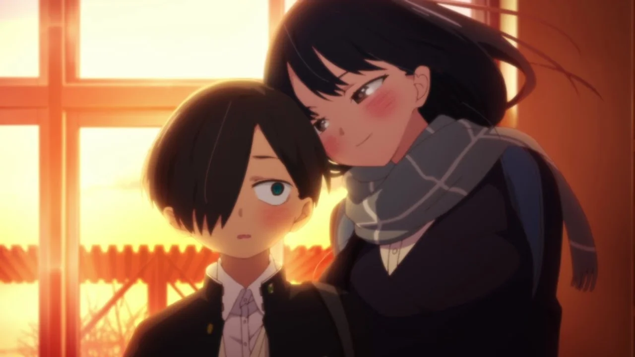 Anna Yamada y Kyoutaro Ichikawa juntos frente a la ventana en The Dangers in My Heart, escena romántica al atardecer del anime escolar