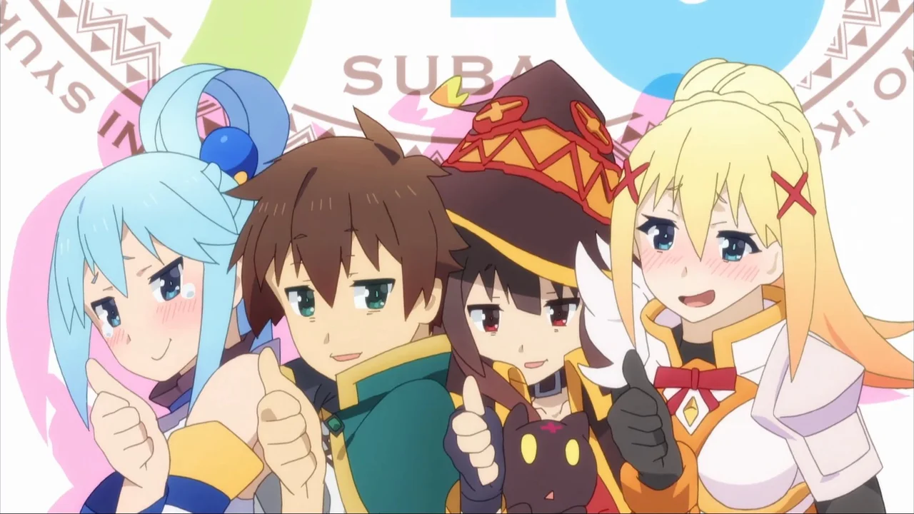 Aqua, Kazuma, Megumin y Darkness haciendo el pulgar arriba en KonoSuba