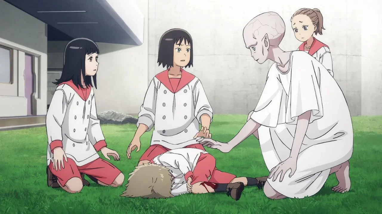 Asura curando la pierna de un niño en la Academia de Tengoku Daimakyo, rodeado de otros alumnos