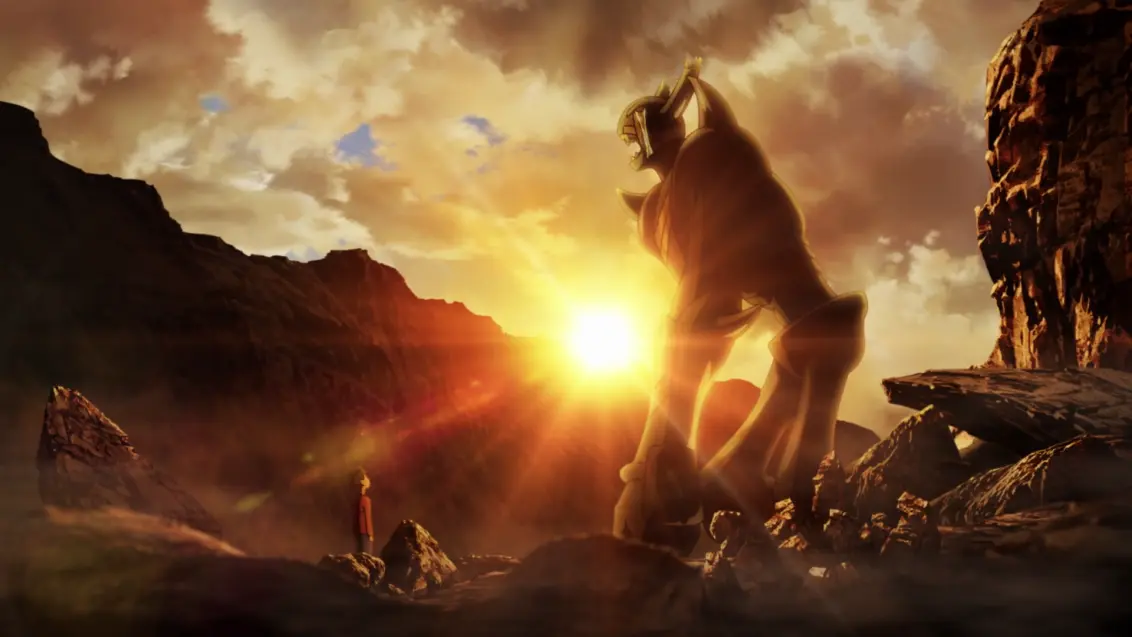 Atom frente a Pluto al atardecer en la escena final del anime Pluto explicada